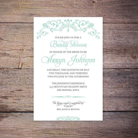 Mariage - Printable Bridal Shower Invite Mint or Coral ornate elements Wedding Shower Card DIY Printable File Digital File - Arryn