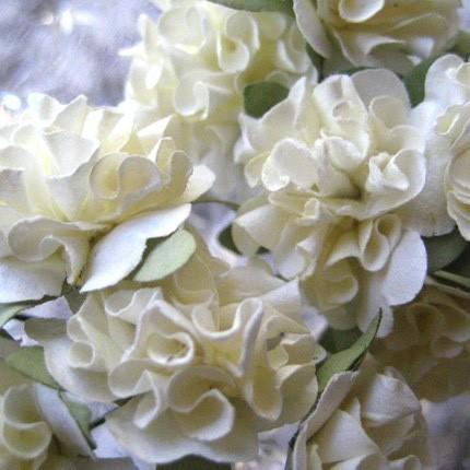 Hochzeit - 12 Ruffled Pom Pom Paper MIllinery Flowers In white