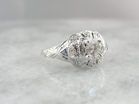Hochzeit - Antique Art Deco Engagement Ring with Sapphire and Diamond Accents - AU5408-P