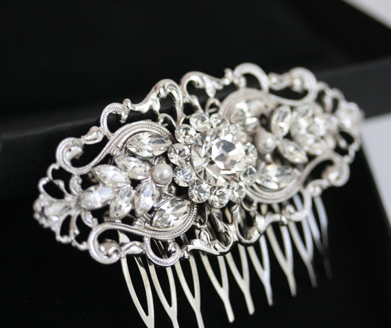 Mariage - Art Deco Bridal Hair Comb, Filigree Wedding Comb, Vintage Wedding Hair Accessories, Pearl and Rhinestone Hair Piece. BELLA 2