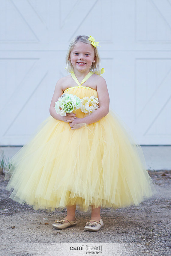 زفاف - Yellow Tutu Flower Girl Dress with Flower Sash, Yellow Tutu Dress, Yellow Dress