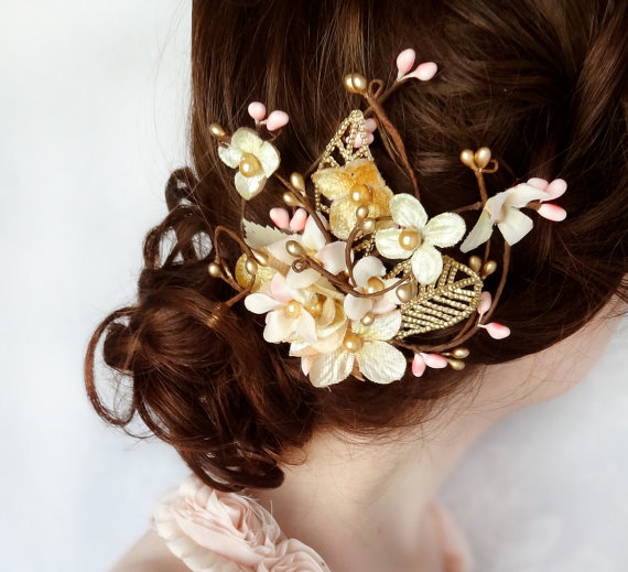 زفاف - bridal hair accessories, gold flower hairpiece, pink floral hair accessory - CHERUBIM - bridal headpiece, wedding hair clip, pink flower