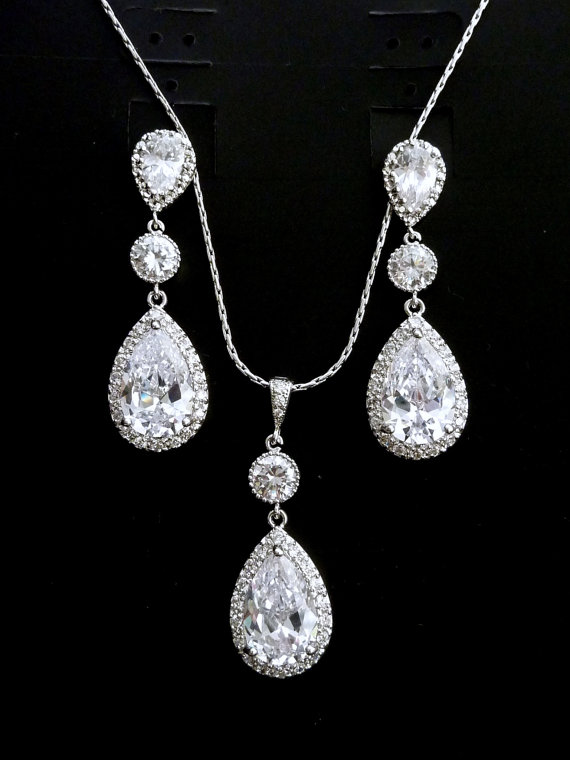 زفاف - Wedding Bridal Jewelry SET - Halo Large Clear White Peardrop Cubic Zirconia, Round CZ Drop White Gold Plated CZ Post Earring and Necklace