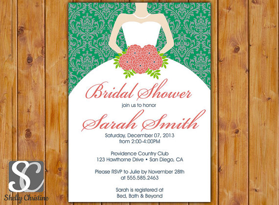 Свадьба - Bridal Shower Invitation Bride to be Silhouette Elegant Damask Bridal Shower Emerald Green Invite Printable Green Damask Wedding Invite (65)