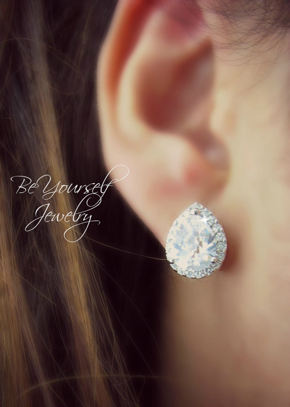 زفاف - Bridal Earrings Cubic Zirconia Teardrop Stud Cluster Earrings Sparkly White Crystal Sterling Silver Post Bridesmaid Gift Wedding Jewelry