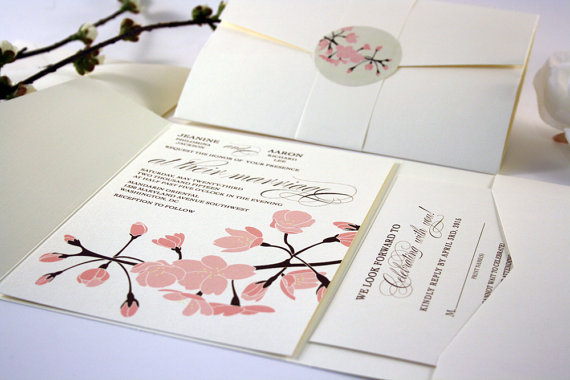 Hochzeit - NEW SAMPLE Flowering Cherry Blossom Pocketfold Wedding Invitations, Full Color, Pink, Vintage, Rustic, Save the Date, Tree Branch Invitation