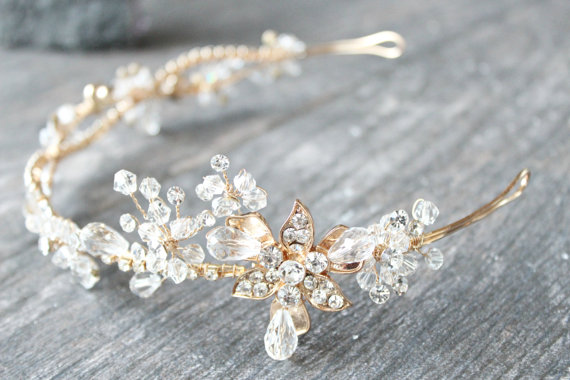 زفاف - Gold Floral Bridal Headband,Gold Crystal Bridal Tiara,Crystal Flower Bridal Headband, Flower Tiara,Blush Diamante Headband,Wedding Headpiece