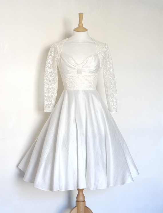 Wedding - Ivory Silk Dupion and Lace Bustier Wedding Dress with Circle Skirt - Made by Dig For Victory