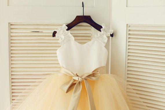 Hochzeit - Ivory Satin Champagne Tulle TUTU Flower Girl Dress Champagne Sash Junior Bridesmaid Dress Toddler Kids Dress for Wedding