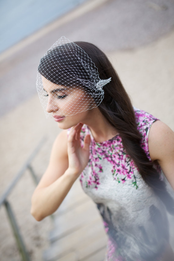 زفاف - Bridal veil, Bandeau birdcage veil, Blusher birdcage veil with detachable crystal hair clip, Bridal blusher veil