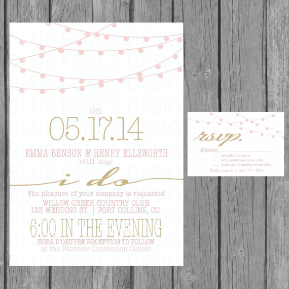 زفاف - simple wedding invitation, modern, strings of lights, engagement party invite, reception only invite, vow renewal, pink, gold