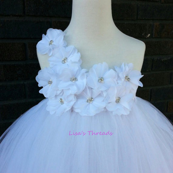 Mariage - white Flower girl dress/ Junior bridesmaids dress/ White Flower Girl/ Flower girl pixie tutu dress/ Rhinestone tulle dress