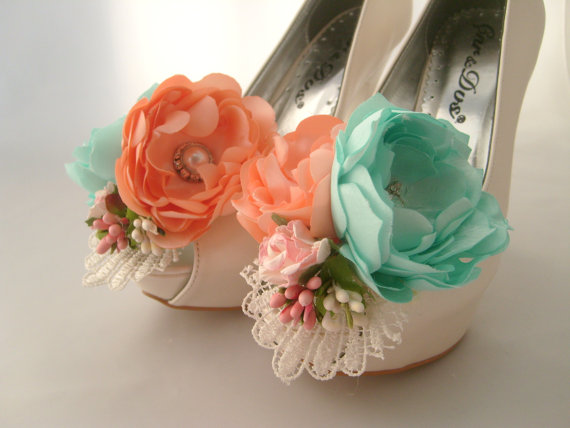 Wedding - Vintage inspired bridal shoe clips satin bridal shoe clips shoe jewelry flower shoe clips bridal shoe clips