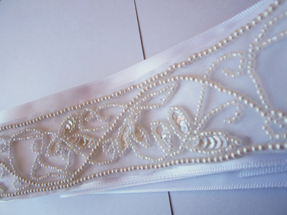 Wedding - Wedding Dress Sash - White Beaded Applique Bridal Sash