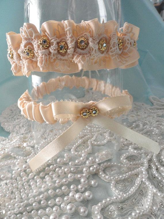 Wedding - Ivory Satin-Vintage Lace-Rhinestone Garter Set-1
