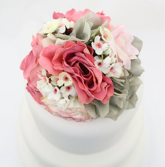 Mariage - Wedding Cake Topper - Pink Rose, Gray Hydrangea Silk Flower Wedding Cake Topper, Silk Flower Cake Topper, Gray and pink Wedding