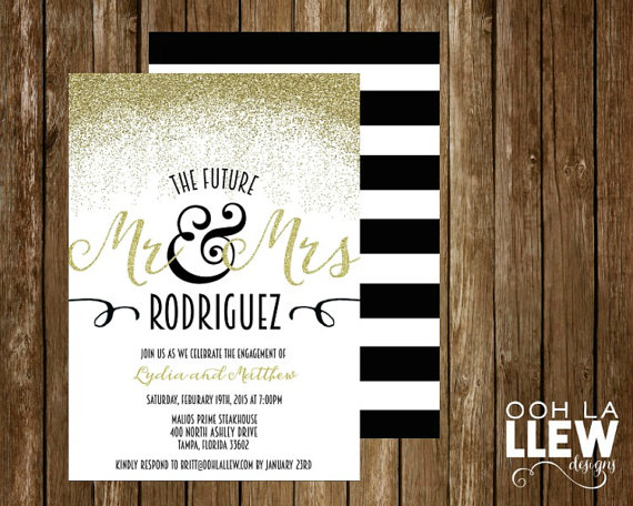 Wedding - Chic Black Gold and White Mr. and Mrs. Engagement Party Invitation