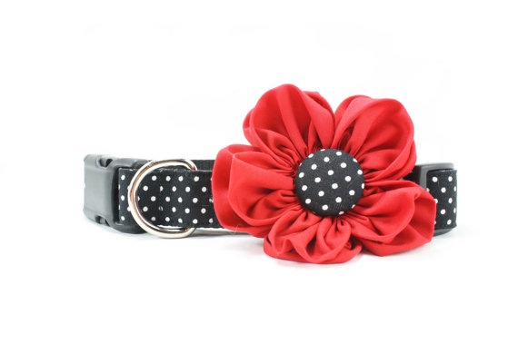 Wedding - Red Flower Dog Collar, Dog Flower Collar Set, Black White Swiss Dot Wedding Dog Collar