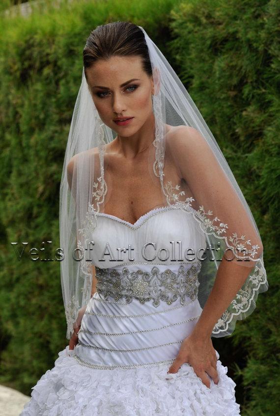 Hochzeit - Designer One Tier Beaded Bridal Veil Fingertip Style VE307 by Veils of Art