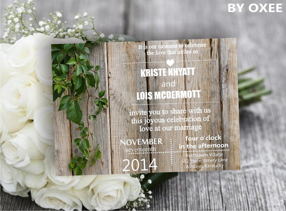 Свадьба - Printable wedding invitation template, Digital wedding invitations Nice Solid Wood board with leaves by Oxee, DIY