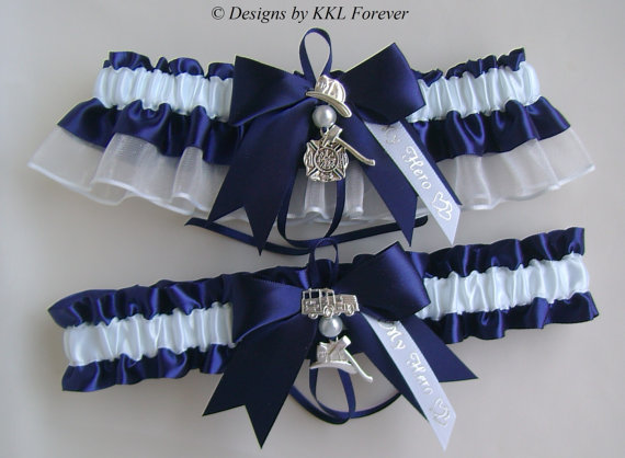 Mariage - Firefighter Wedding Garters  Maltese Cross Charm Handmade Navy Blue White Garters