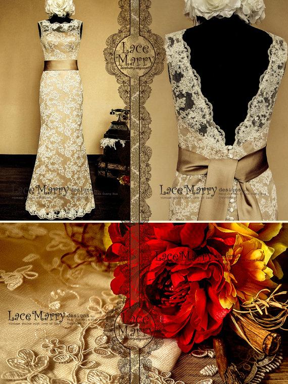 Hochzeit - Vintage Feel Meets Stylish - Dark Champagne Underlay Full Lace Wedding Dress with Deep V-Cut Back Design - Floor Length Lace Wedding Dress