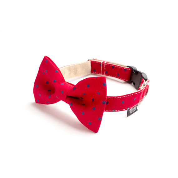 Mariage - Dog Bow Tie - Navy Polka Dots on Red