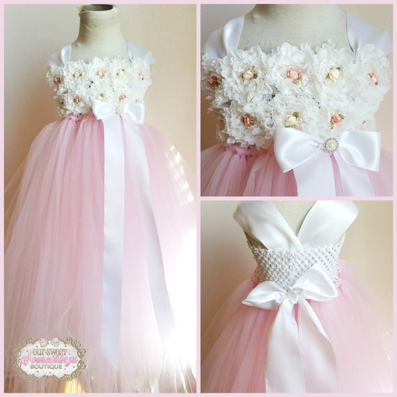 Wedding - Light Pink Tulle Skirt White Shabby Chic Flower Girl Dress Vintage Inspired Tutu