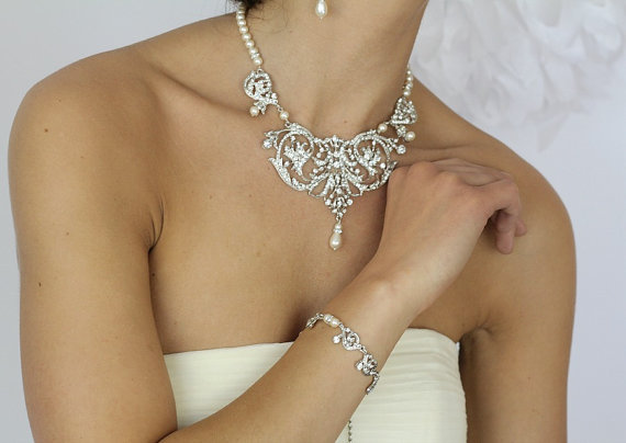 زفاف - Bridal Necklace,  Wedding Pearl Necklace,  Crystal  Necklace, Wedding Jewelry, Bridal Jewelry, Bridal Accessories - Style 766