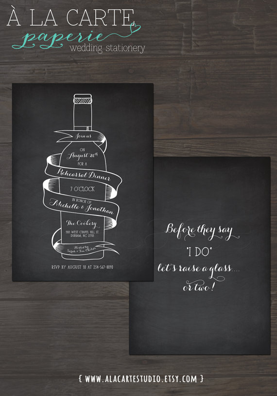 Hochzeit - Wine Bottle Chalkboard Inspired Wedding Rehearsal Dinner Invitation Card