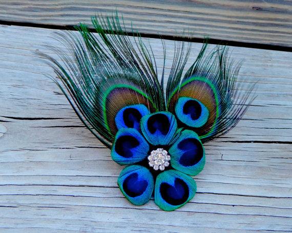 Hochzeit - Peacock feather flower hair clip with untrimmed peacock feathers "Maria"  rhinestone accent