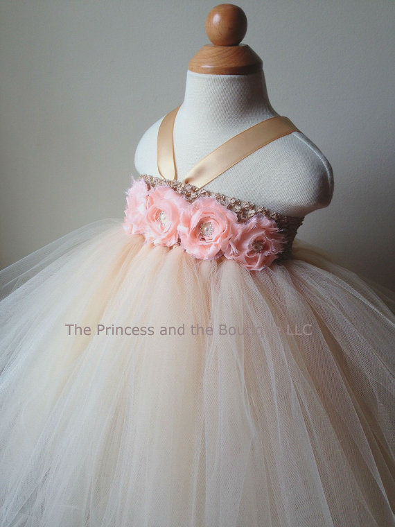 Hochzeit - Champagne flower girl dress with peach chiffon flowers...Tutu dress,,,,,infant - size 6.