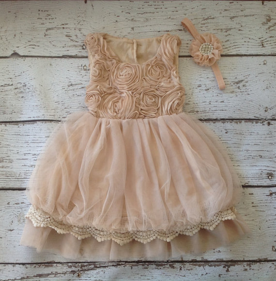 Flower Girl Dress Beige- Rosette Dress- Beige Tan Dress- Vintage ...