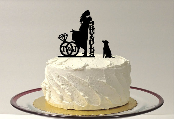Hochzeit - ADD YOUR DOG Personalized Wedding Cake Topper with Your Initials & Last Name Silhouette Cake Topper Bride + Groom + Pet Dog Monogram