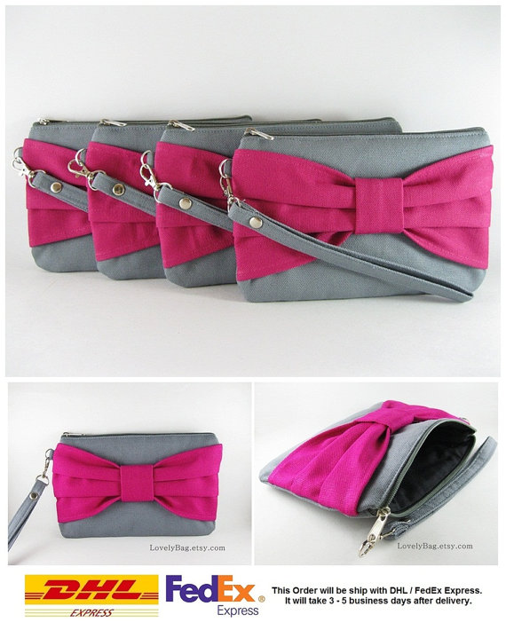 Wedding - SUPER SALE - Set of 6 Gray with Fuchsia Bow Clutches - Bridal Clutches, Bridesmaid Wristlet, Wedding Gift, Zipper Pouch - Made To Order