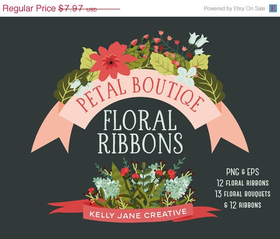 Wedding - SALE Floral Ribbons & Bouquets - Petal Boutique Clip Art Set - Blog Graphics - Instant Download