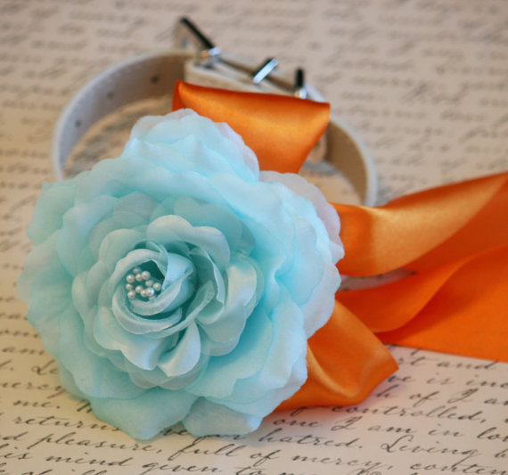 زفاف - Blue Floral Dog Collar, Blue and Orange wedding, Pet wedding accessories, Beach Wedding idea, Blue and Orange