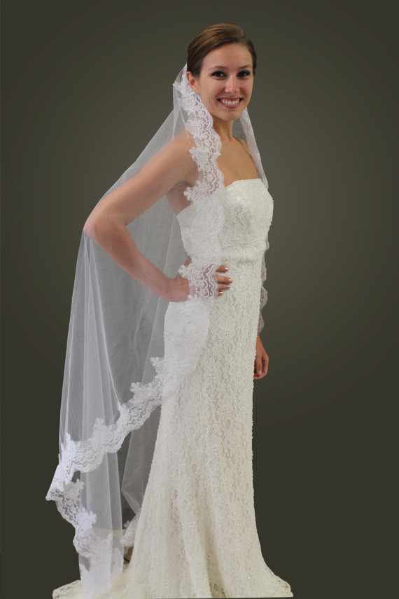 Mariage - Alencon Lace Mantilla bridal wedding veil White Floor Length 80373-WHI