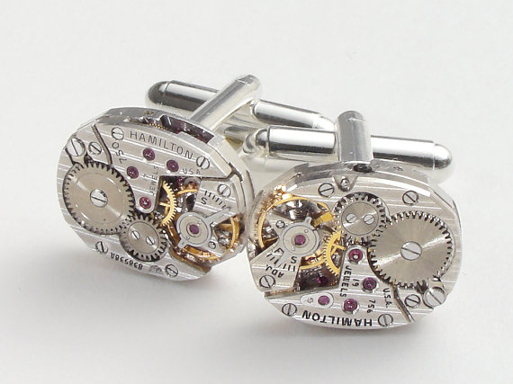 Hochzeit - Steampunk cufflinks vintage watch movements gears Hamilton pinstripe wedding Groom Gift silver cuff links men jewelry Steampunk jewelry 2592