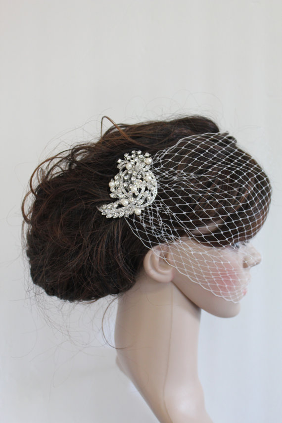 زفاف - Bridal birdcage veil and a bridal comb (2 Items),Swarovski Pearls Comb,Wedding comb,bridal headpieces,bridal Hair comb,wedding hairpiece