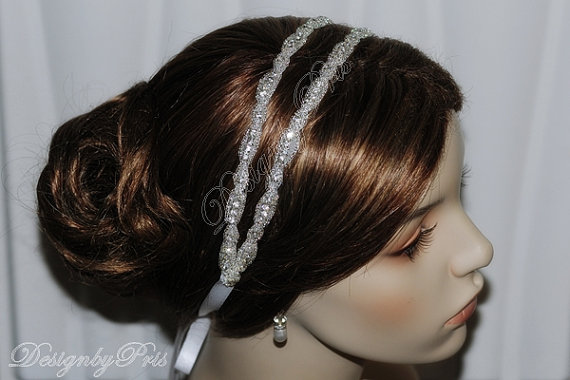 Hochzeit - SALE Bridal Double Rhinestone Applique Ribbon Headband.Wedding Accessories.Bridal Rhinestone Headpiece