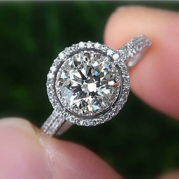 Свадьба - Diamond Engagement Ring -14K white gold - 1.25 carat Round - Double Halo - Pave - Antique Style - Weddings- Luxury - Bp019