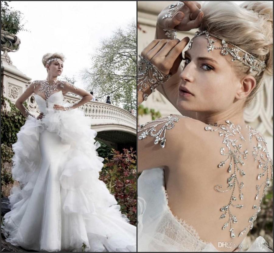 زفاف - Glamourous Jewel Ruffle Crystal Organza Ruffle 2015 Wedding Dresses Sheer Pnina Tornai Mermaid 2015 Bridal Gowns Dresses Long Sleeve Custom, $127.4 