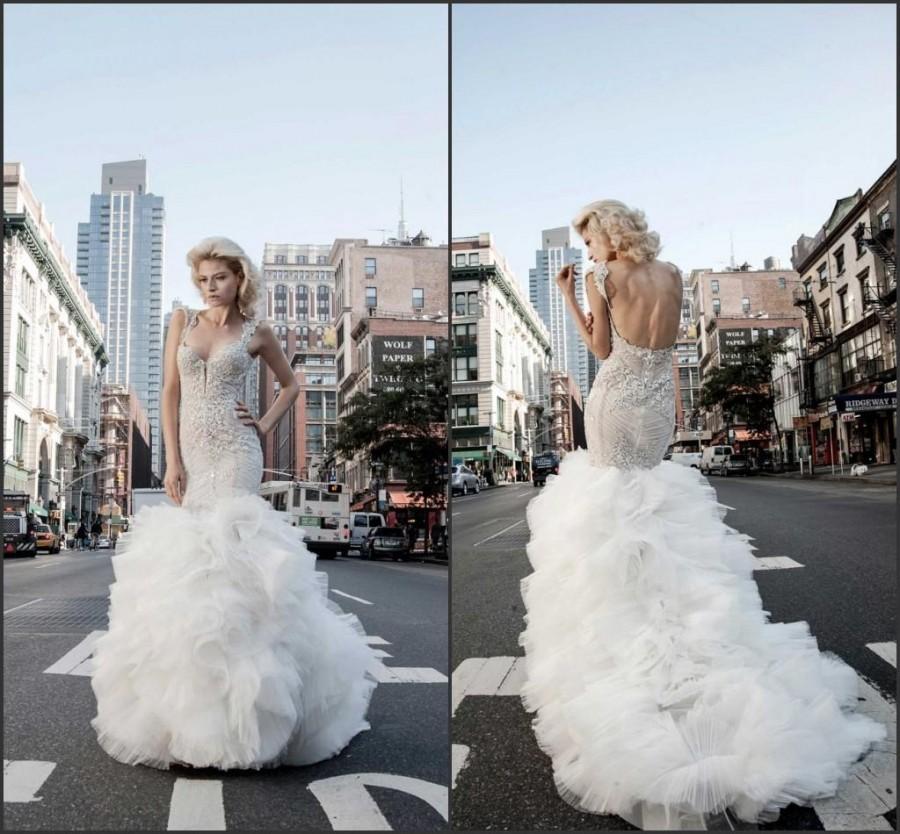 زفاف - 2015 Backless Lace Wedding Dresses Pnina Tornai Mermaid Applique Ruffle Tiers Tulle Bodice Spaghetti Bridal Gowns Dresses Sweep Train, $120.95 