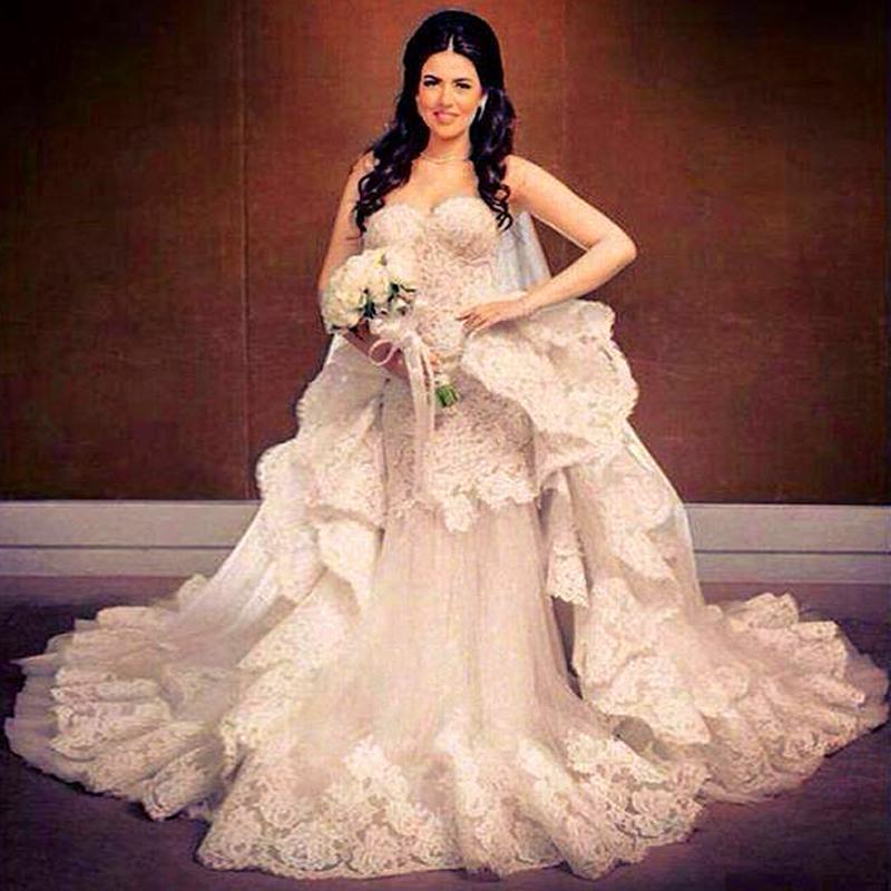 زفاف - 2015 Middle East Lace Wedding Dresses Maison Yeya Sweetheart Ruffle Applique Lace Up Back Court Train Luxury Bridal Dresses Wedding Gown, $132.24 