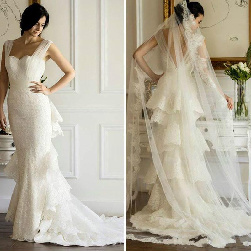Mariage - 2015 Mermaid Spring Appliques Wedding Dresses Maison Yeya Sweetheart Tulle Tiers Sleeveless Garden Cheap Sweep Lace Bridal Gowns Custom, $115.3 