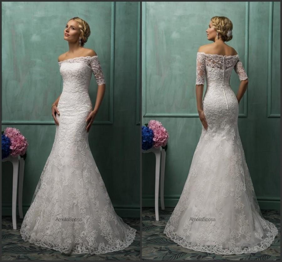 Свадьба - 2015 New Arrival Mermaid Spring Wedding Dresses With Wrap Strapless Vestido De Novia Appliques Lace Cheap Sweep Stunning Bridal Gowns, $115.3 