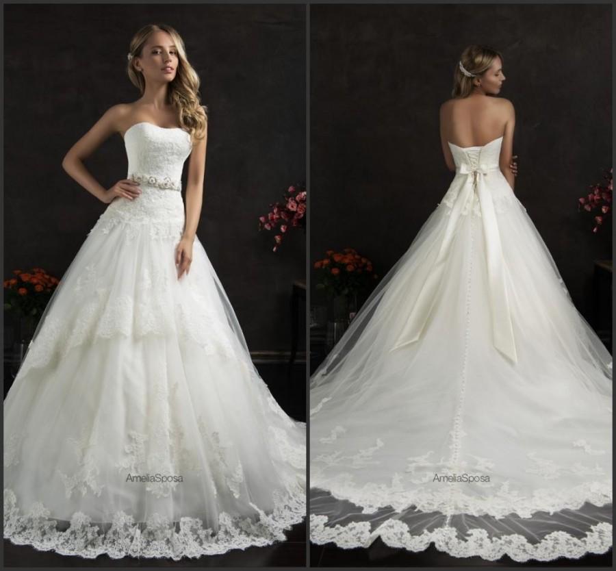 Hochzeit - Vintage Amelia Sposa Wedding Dresses Sash A Line Train Appliques Lace Tulle Sleeveless Strapless Bridal Ball Gowns Dresses Chapel Train, $116.11 