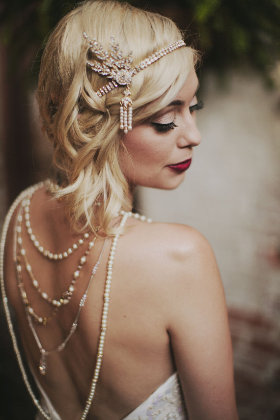 Wedding - 1920's Great Gatsby Inspired gold leaf medallion pearl headpiece headband