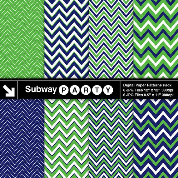 Mariage - Navy Blue and Green Digital Papers Pack in Thick & Thin Chevron Patterns. Scrapbook / Party Invites DIY 8.5x11 / 12x12 jpg INSTANT DOWNLOAD